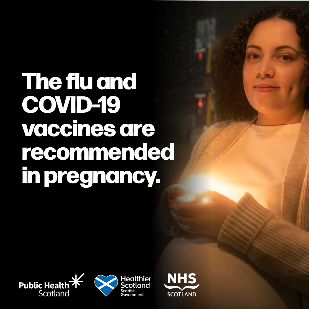NHSLanarkshire's tweet photo. If you are pregnant your midwife will be offering you the opportunity to get your flu and Covid-19 booster. Both are recommended during pregnancy to protect you and your baby. https://t.co/F83mV98sav