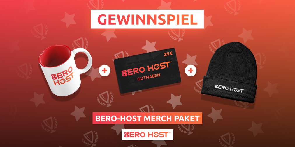 Unser erstes Gewinnspiel enthält ein BERO-HOST Merch Bundle. Ihr könnt heute folgendes gewinnen:

- 1x BERO-HOST Tasse ☕
- 25€ BERO-HOST Guthaben 💵
- 1x BERO-HOST Mütze 🧢
- Eine Kleine Überraschung 🎁

Jetzt teilnehmen!👉 bero.host/birthday