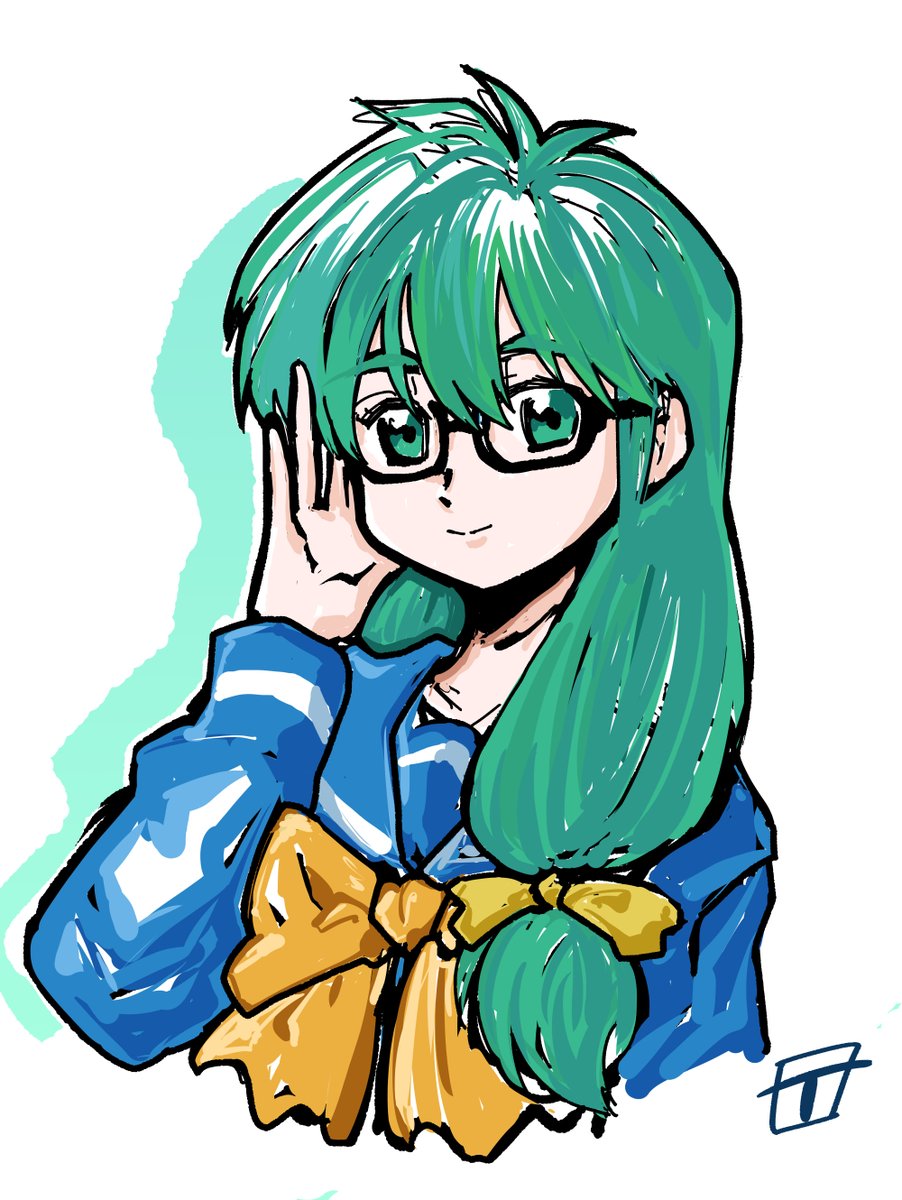 1girl solo glasses green hair school uniform long hair bow  illustration images