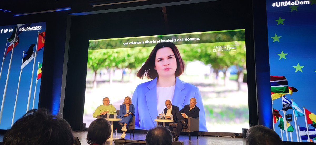 AliceLEMOAL's tweet photo. Intervention poignante de Svetlana Tsikhanovskaïa qui nous interpelle : où sera le Bélarus dans 20 ans, en Russie Impériale ou en Europe ? Il est de notre responsabilité 🇪🇺 d'aider le peuple Bélarus face à Loukachenko. #Guidel2023 #URMoDem https://t.co/nCE03ReSRR