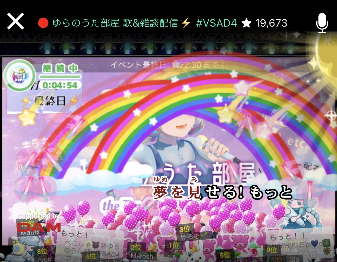 yura_vsinger's tweet photo. 昨日のファイナルラスト枠、異次元でした、、みんな本当にありがとう😭
14分以上の連続ミラボ、えげつない量のタワー、止まらないたくさんのギフト、本当に凄かったです😭
結果は暫定1位👏👏
ゆらたちでなら達成できると信じて全力で楽しんできてよかった！！！
#おつゆら #VSAD4 #VSingerAD4 https://t.co/Tn3hRv1FW9