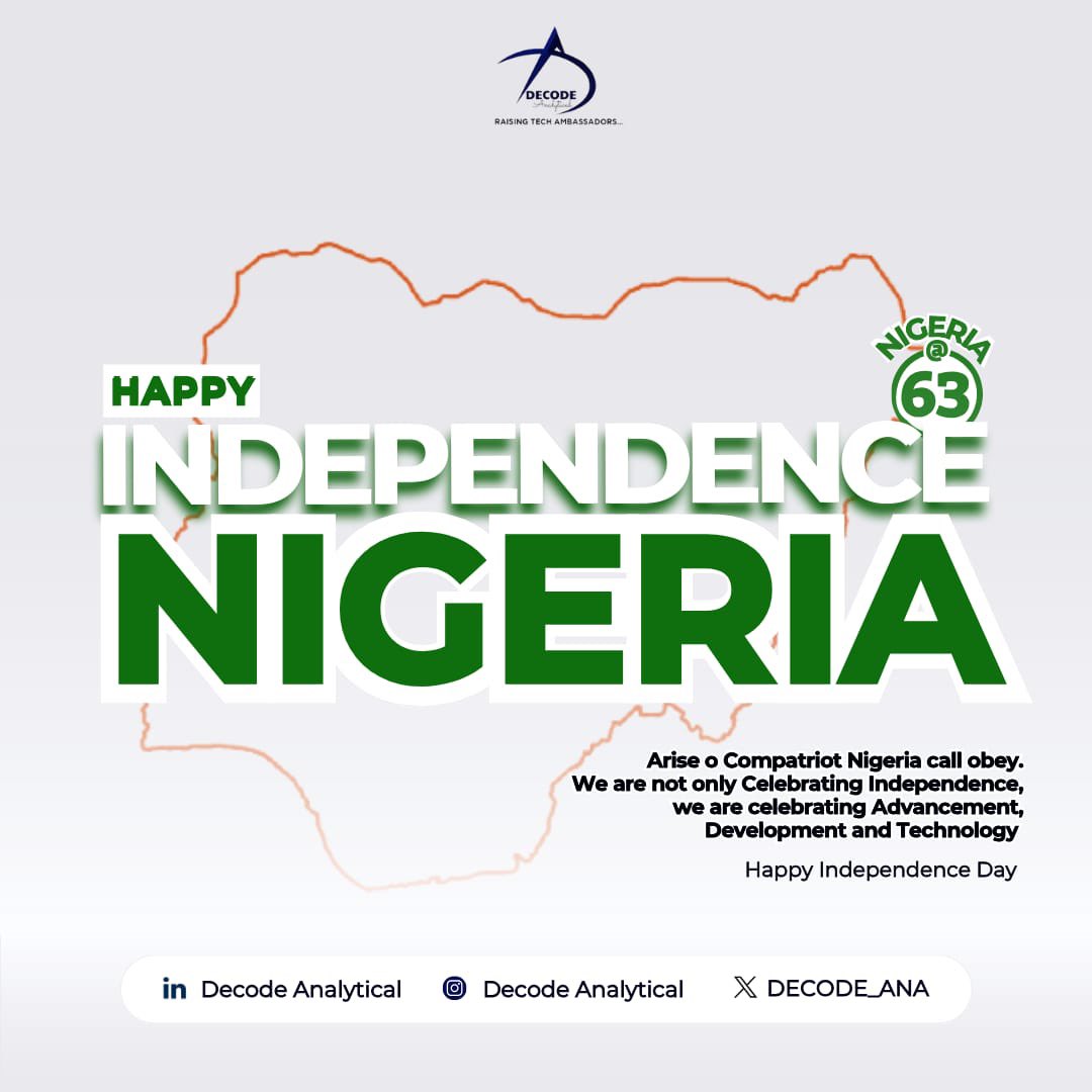 Decode_ana's tweet image. Today, we celebrate 63 years of resilience and innovation

We’re proud to be part of Nigeria&apos;s tech revolution, empowering the future with cutting-edge solutions to shape a brighter, digital tomorrow

Happy Independence Nigeria 🎉

#NigeriaAt63 #Techforchange #Decodeanalytical