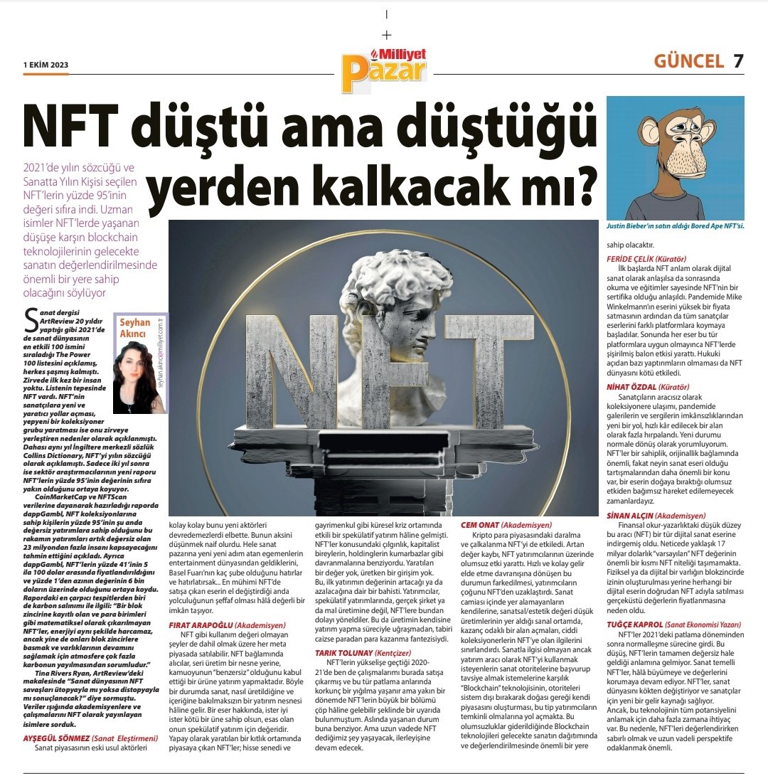 feerique7's tweet photo. 2021’de yılın sözcüğü ve Sanatta Yılın Kişisi seçilen NFT’lerin yüzde 95’inin değeri sıfıra indi. Biz NFT'nin geleceğini Ayşegül Sönmez, Fırat Arapoğlu, Cem Onat, Tarık Tolunay, Feride Çelik, Nihat Özdal, Tuğçe Kaprol ve Sinan Alçın'a sorduk. https://t.co/z31S2RyQ4h
