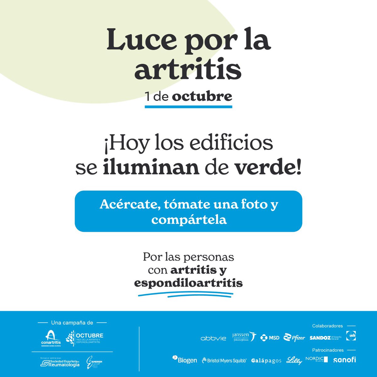 Hoy es el #DíaNacionaldelaArtritis y queremos mostrar nuestro apoyo a las personas que viven con esta enfermedad💚
Recordad que hoy tenemos una cita para iluminar de verde nuestra geografía y llenar de luz las redes sociales con el hashtag #LuceporlaArtritis23 💚
#OctAR23