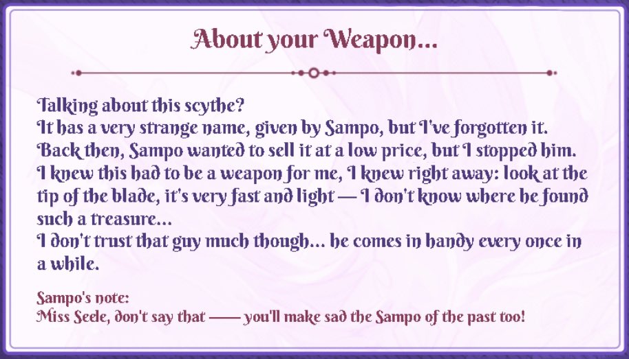 dailysampo's tweet image. also reminder that sampo actually was the one who gave seele her scythe!!