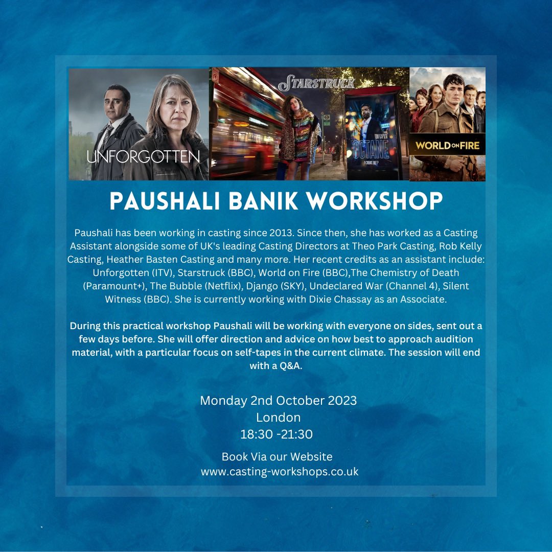 Don’t miss tomorrow evening’s workshop with Paushali Banik. Come and work on some great sides and learn about making choices for auditions. Book now via our website: casting-workshops.co.uk/workshops