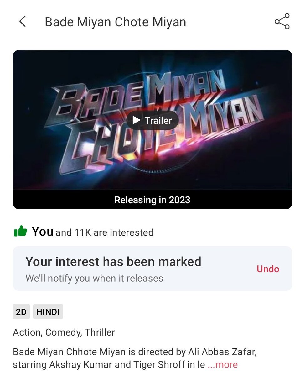 Tirlovesha's tweet photo. #BadeMiyanChoteMiyan has now Crossed 11k Interests on @bookmyshow 💥💥

The Most Hyped BOLLYWOOD movie of 2024 followed by Fighter.

#BMCM on EID 2024 will smash all records and fans will show real promotion.

#AkshayKumar @aliabbaszafar #TigerShroff https://t.co/o7EiBO1gJf