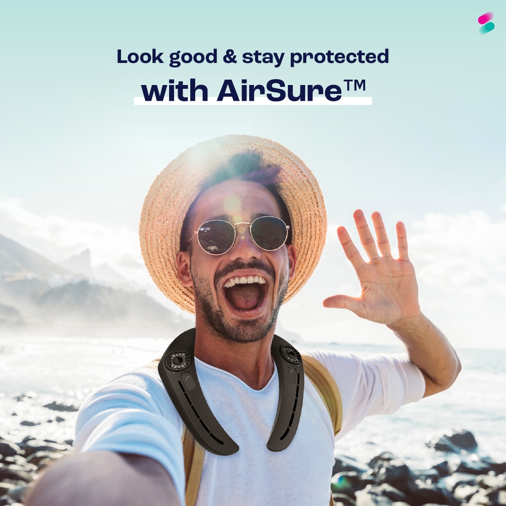 AirSure™’s sleek design and practical functionality make it the perfect accessory for health-conscious travelers. 

#StylishSafety
#CleanAirAnywhere 
#PollutionSolution 
#BreatheEasy
#FreshAirOnTheGo
