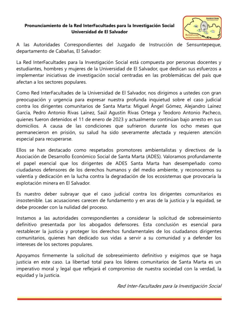 ades_sm's tweet photo. #Solidarida
Red Interfacultades para la Investigación Social de la Universidad de El Salvador (UES) pide a Juzgado de Instrucción de Sensuntepeque cerrar el proceso judicial contra los líderes de Santa Marta y ADES.
@CSJ, @PDDH, @ONU, @CIDH y @MaryLawlorhrds https://t.co/7U5Dl8nFv4