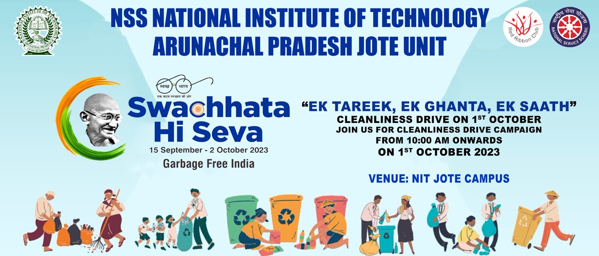 NssNitap's tweet photo. NSS NIT Arunachal Pradesh unit on cleanliness drive on "Swachta hi Sewa" campaign on 1st October,  Theme: Ek Tareek, Ek ghanta, Ek saat" 
#SwachhataHiSeva #IndianSwachhataLeague2 #YouthVsGarbage  #SwachhBharat https://t.co/NCQZbYzUbM