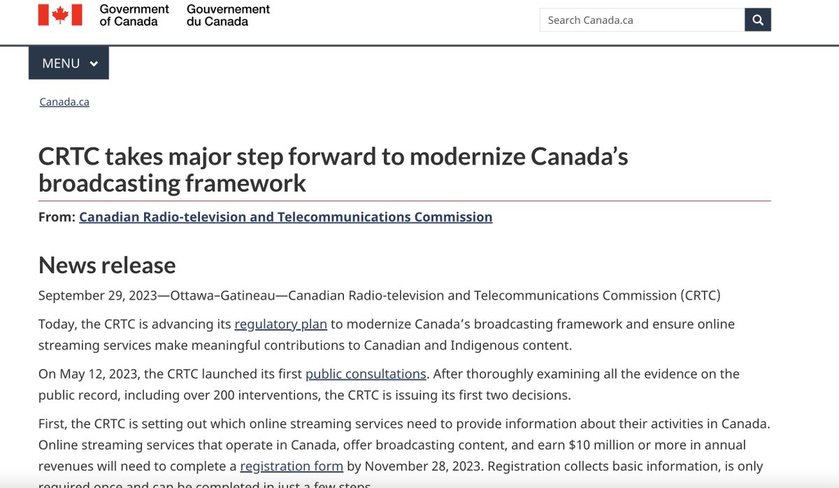 The Canadian government, armed with one of the world's most repressive online censorship schemes, announces that all 'online streaming services that offer podcasts' must formally register with the government to permit regulatory controls: canada.ca/en/radio-telev…