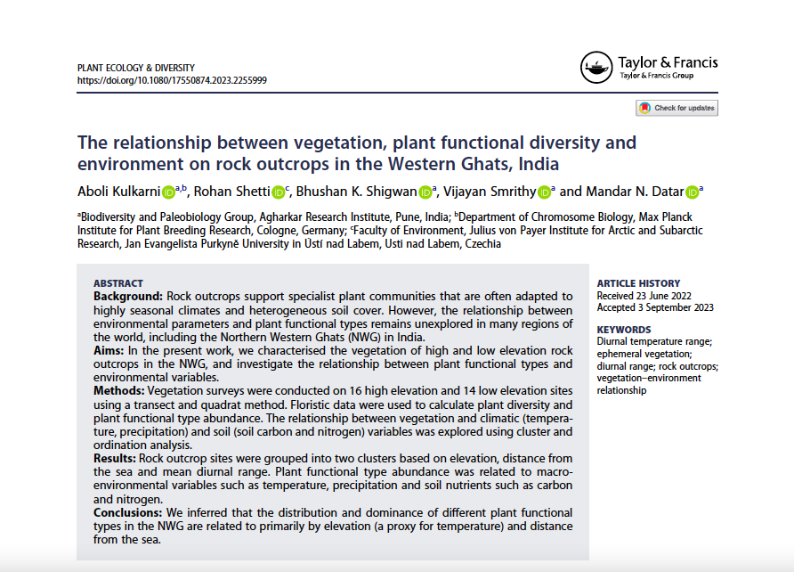 🌿🇮🇳 Our latest research in Taylor &amp; Francis <a href="/WeAreTandF/">Taylor & Francis</a> journal  'Plant Ecology &amp; Diversity'  uncovering fascinating relationships between vegetation, plant functional diversity, and environment on #RockOutcrops in #WesternGhats 
tandfonline.com/doi/full/10.10…