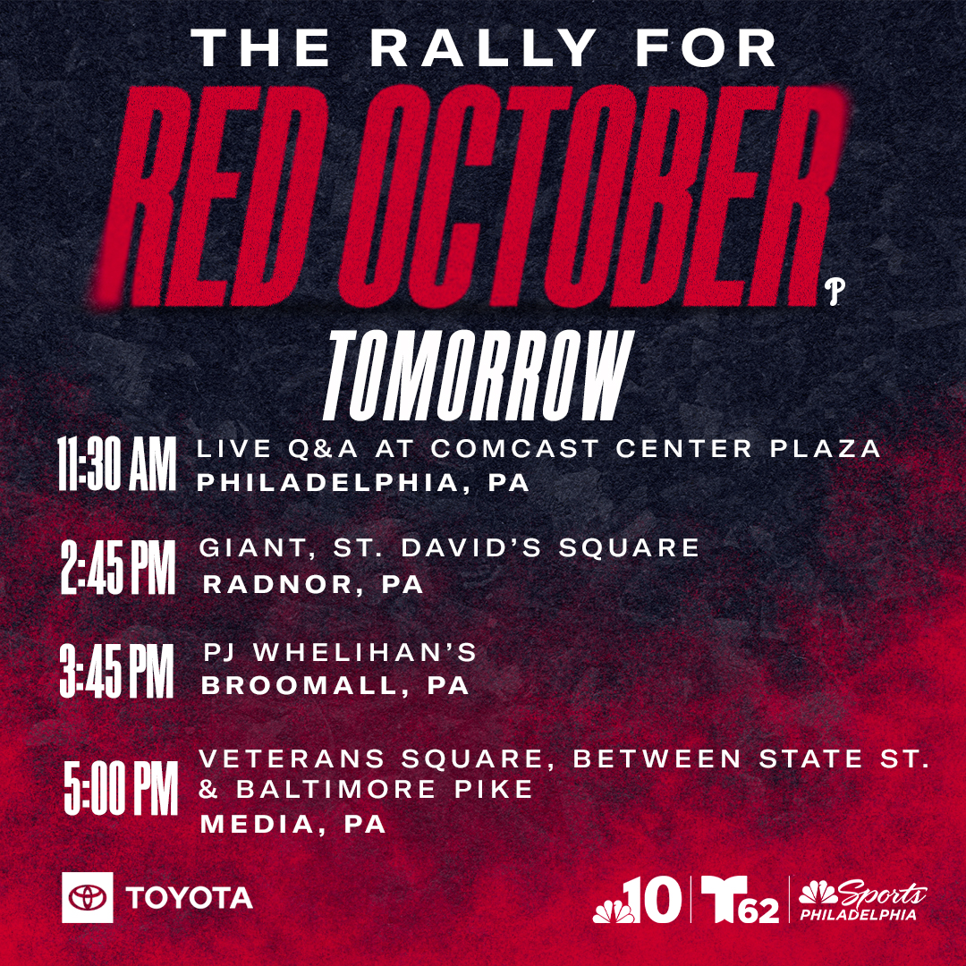 VisitDelcoPA's tweet photo. Join the @Phillies and @NBCSPhilly TOMORROW in #Delcoโs Veterans Square to grab your swag for the playoffs, sign the bus, meet special guests and more! Letโs paint the town RED and show our Phillies pride! โค๏ธโพ
#visitdelcopa #phillies #redoctober #delawarecountypa https://t.co/HDHrFbDuPE