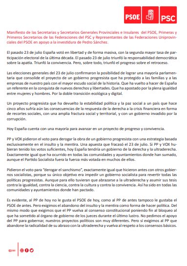 _JuanEspadas's tweet photo. Orgullo socialista en las y los secretarios provinciales del @psoedeandalucia que hoy, junto al resto de sus compañeras y compañeros de España, presentan un manifiesto en apoyo a la investidura de @sanchezcastejon.

El próximo Gobierno será progresista y traerá una nueva etapa de esperanza y más avances, en un proyecto de país en el que cabemos todas y todos. 

#SiempreAdelante 🌹