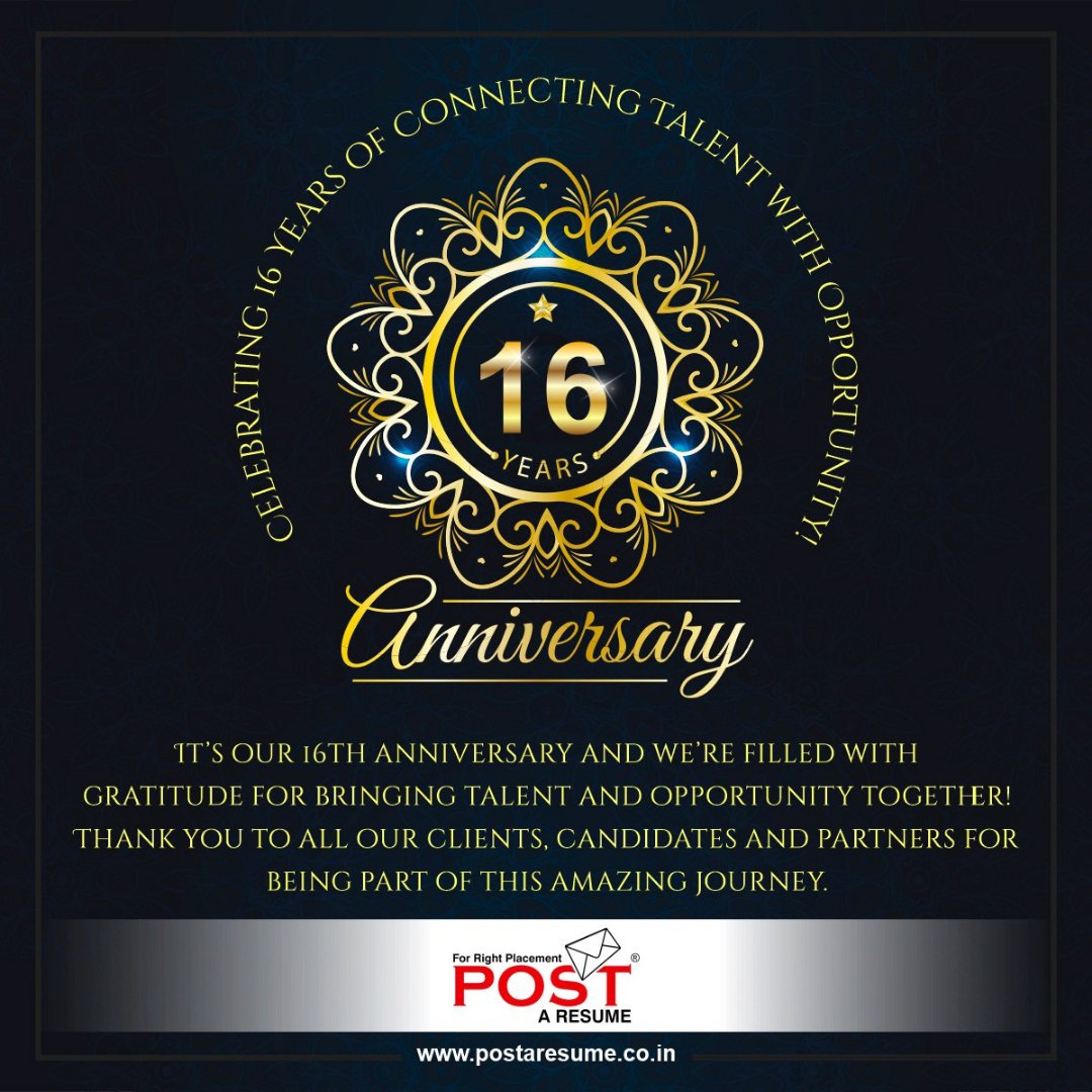 Let's celebrate together! 🎉🥳 Thank you for being a part of this incredible ride. Here's to the next 16 years of success, laughter, and more dreams coming true. 🚀💙 

#Sweet16 #AnniversaryCelebration #CheersToYou #postAresume #HRconsultancy #RecruitmentFirm #PlacementAgency