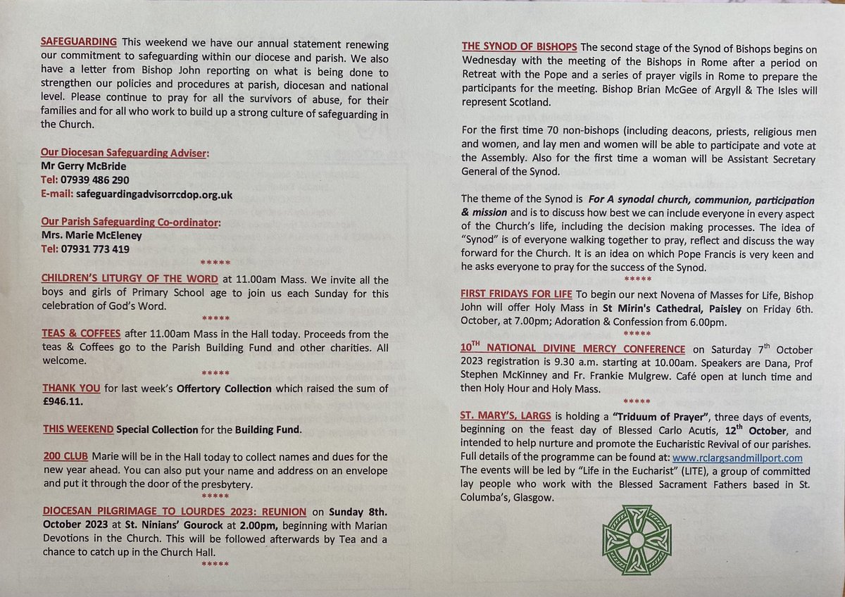 SPG: Parish Bulletin,1.10.2023: 26 Sunday of Ordinary Time: “Safeguarding Sunday”: Letter from Bishop John (see website).