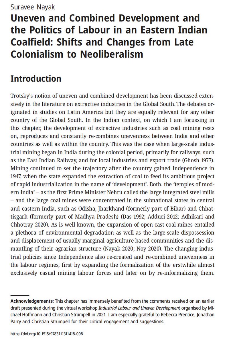 #Unevendevelopment #Coal #labour In this chapter, I explore how the uneven and combined development of India’s coal industry since the late colonial period shaped unevenness among its labour forces and led to the fragmentation of the worker's solidarity. doi.org/10.1515/978311…