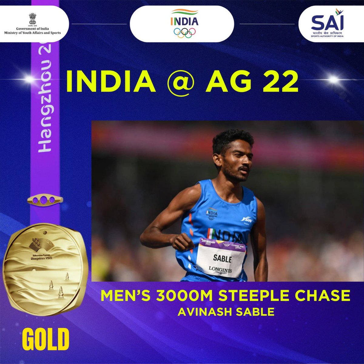 nitin_gadkari's tweet photo. A golden day for India in Athletics at the Asian Games!🥇

Tajinderpal Singh Toor's mighty throw of 20.36m and Avinash Sable's lightning-fast 3000m steeplechase in 8:19.53 have brought us glory!

Let's celebrate their extraordinary achievements, raising the tricolor high and cheering for our unstoppable athletes! 🇮🇳

#AsianGames #AsianGames2022 #BharatAtAG22 #Cheer4India