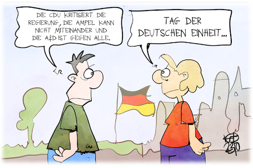Auf die Reden von CDU, CSU und FDP zum #TagDerDeutschenEinheit bin ich dieses Jahr besonders gespannt. Hass & Hetze spalten die Gesellschaft. (Cartoon von Kostas Koufogiorgos)