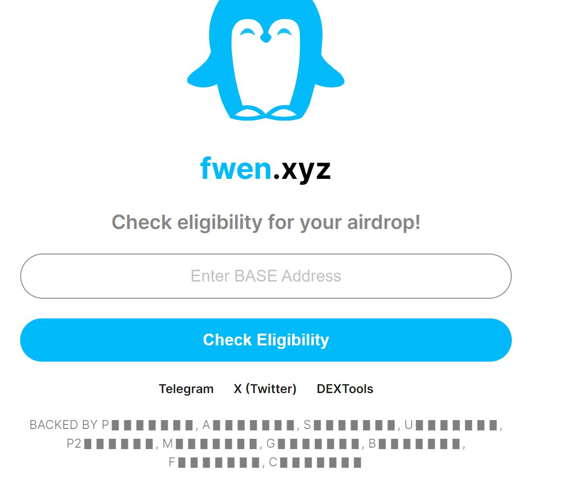 ⚡#FRIENDTECH が流行りだけど、早速乗じたトークン $FWEN が出ている 。魔界だけど

⚡エアドロ対象はFRIENDTECH登録ユーザー、スナショはDONEの模様。魔界だけど

⚡👇で対象有無を確認できる、魔界だけど
FWEN.XYZ 

⚡便乗系トークンってたまに化けるんだよね、魔界だけど