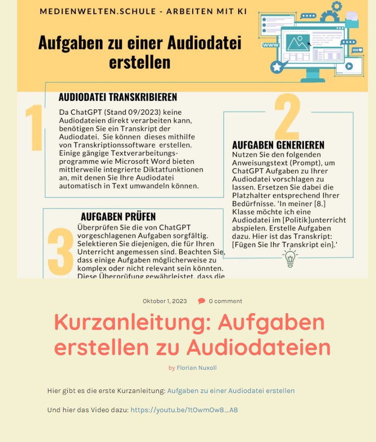 Die erste Schritt-für-Schritt-Anleitung zu ChatGPT für die Schule ist nun verfügbar! Inklusive Beispielen und einem Video. Ab sofort wöchentlich zum Download auf medienwelten.schule. (Die Seite befindet sich noch in Bearbeitung.) #ChatGPT #TWLZ #KIundSchule"