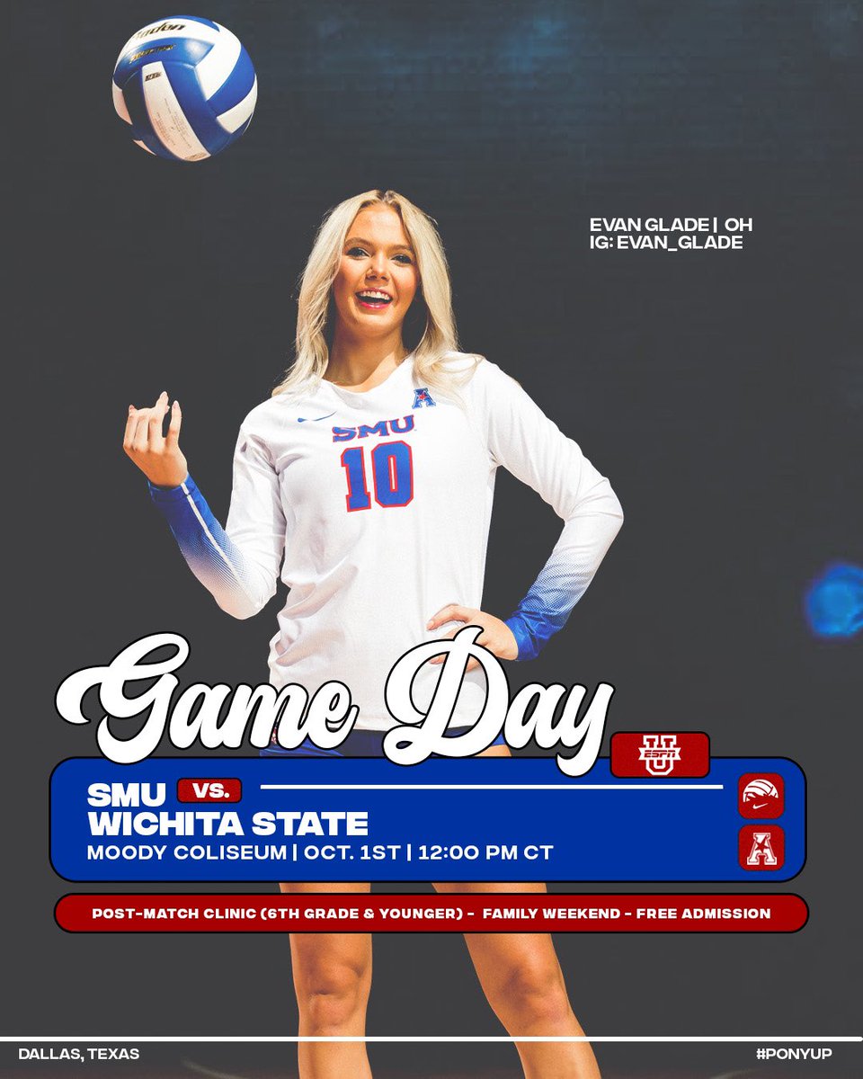 SMUVolleyball's tweet photo. 𝑹𝒆𝒂𝒅𝒚, 𝒔𝒆𝒕, 𝒓𝒖𝒏 𝒊𝒕 𝒃𝒂𝒄𝒌! 💨

Join us in Moody today for a great game and some exciting post-game activities. 

🗓️ October 1st 
🆚 Wichita State 
⏰ 12:00 PM CT 
🏟️ Moody Coliseum 
📺 ESPNU

#PonyUpDallas | @SMUMustangs https://t.co/Q9gjdbJa5f