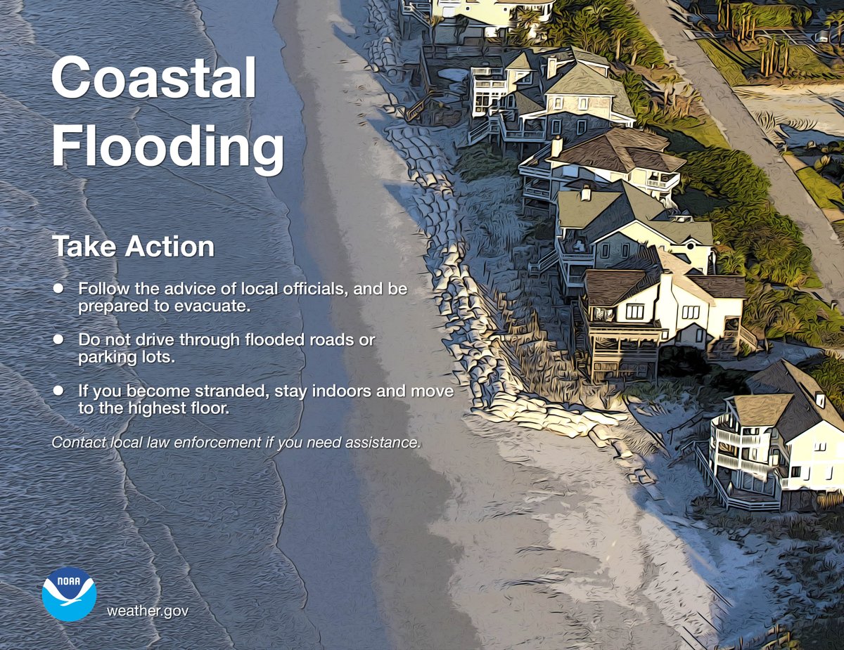 Coastal flooding is defined as inundation along the coast and can be caused by storm surge, onshore winds, high surf, or high astronomical  tides. If coastal flooding is expected in your area, take action. weather.gov/safety/flood #WeatherReady