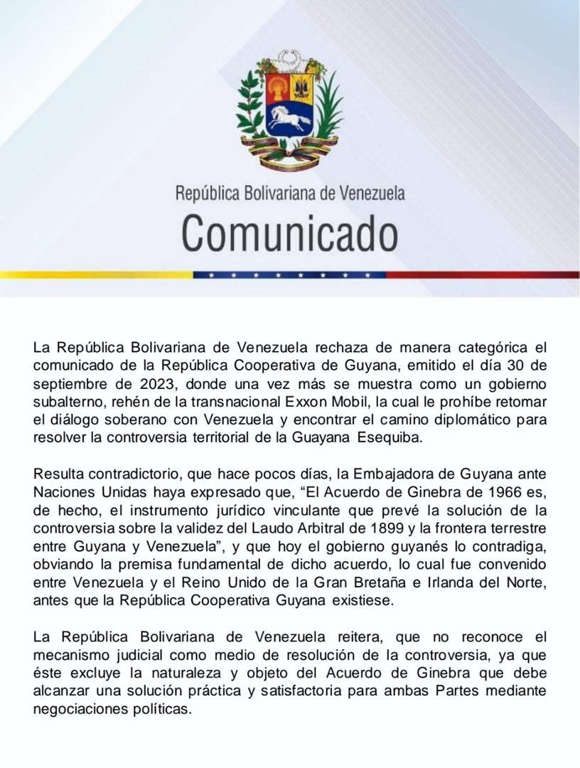 Adelso Carvajal (@adelso_car) on Twitter photo <a href="/yvangil/">Yvan Gil</a> Venezuela reitera su rechazo al comunicado emitido por Guyana, el cual pretende desconocer el Acuerdo de Ginebra de 1966. Exigimos a Guyana que abandone su actitud servil hacia los intereses de Exxon Mobil y detenga la militarización de la zona en disputa.
Asimismo, instamos a <a href="/yvangil/">Yvan Gil</a> Venezuela reitera su rechazo al comunicado emitido por Guyana, el cual pretende desconocer el Acuerdo de Ginebra de 1966. Exigimos a Guyana que abandone su actitud servil hacia los intereses de Exxon Mobil y detenga la militarización de la zona en disputa.
Asimismo, instamos a