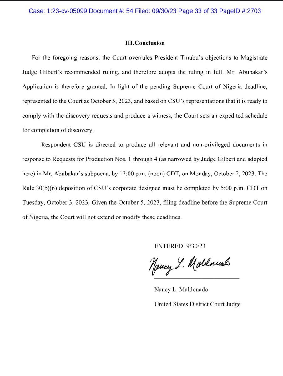 PDPNYVanguard's tweet photo. Breaking 🔥🔥🔥
@atiku 

Judge Nancy Maldonado of the district Court of Northern Illinois has  ordered CSU to release PBAT Academic Records to Atiku Lawyers, She Gave  Chicago University Management until Monday 2nd October 2023 As Deadline to release Mr. Tinubu Academic Records. https://t.co/ycMkqH5x9V