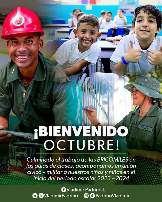 ¡Y se nos vino octubre! Ante el regreso a clase de nuestros niños, niñas y jóvenes a partir de mañana, desde la #FANB queremos expresar que ha sido todo un honor haber acompañado el esfuerzo del Estado para optimizar los centros educativos ¡La unidad cívico-militar todo lo puede!