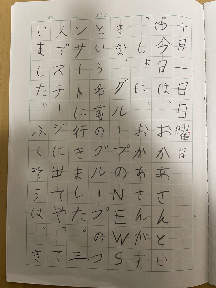 nyai911's tweet photo. 小2男子の日記です。重複してる文で上手くないですが、衣装のこと書いててさすが増田担の母の子供👏あと、最後の一文に母は涙です🥲ペンライトの絵はアクスタの部分を描くのが難しくて省略。
出来たらでいい。メンバーに届いたらいいなー！！ 
#NEWS_EXPO 
#LIVE2023NEWS_EXPO 
#シゲノザウルス爆誕🦖 https://t.co/3DxDlfLPaD
