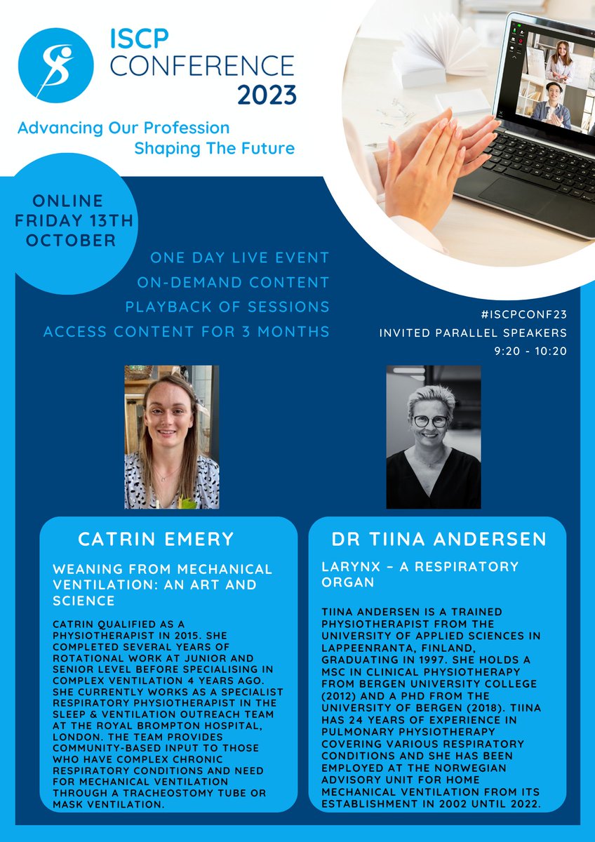 Professional Development @ ISCP (@iscp_pd) on Twitter photo Leading our respiratory session for this years online conference is <a href="/CatrinEmery/">Catrin Emery</a> & <a href="/TiinaAndersen/">Tiina Andersen</a>
'Weaning From Mechanical Ventilation: An Art and Science'
'Larynx – A Respiratory Organ'
Registration & programme
iscp.ie/annual-confere…
<a href="/CPRC_ISCP/">CPRC_ISCP</a> <a href="/egan83_egan/">David egan</a> @eve_stanley1 Leading our respiratory session for this years online conference is <a href="/CatrinEmery/">Catrin Emery</a> & <a href="/TiinaAndersen/">Tiina Andersen</a>
'Weaning From Mechanical Ventilation: An Art and Science'
'Larynx – A Respiratory Organ'
Registration & programme
iscp.ie/annual-confere…
<a href="/CPRC_ISCP/">CPRC_ISCP</a> <a href="/egan83_egan/">David egan</a> @eve_stanley1