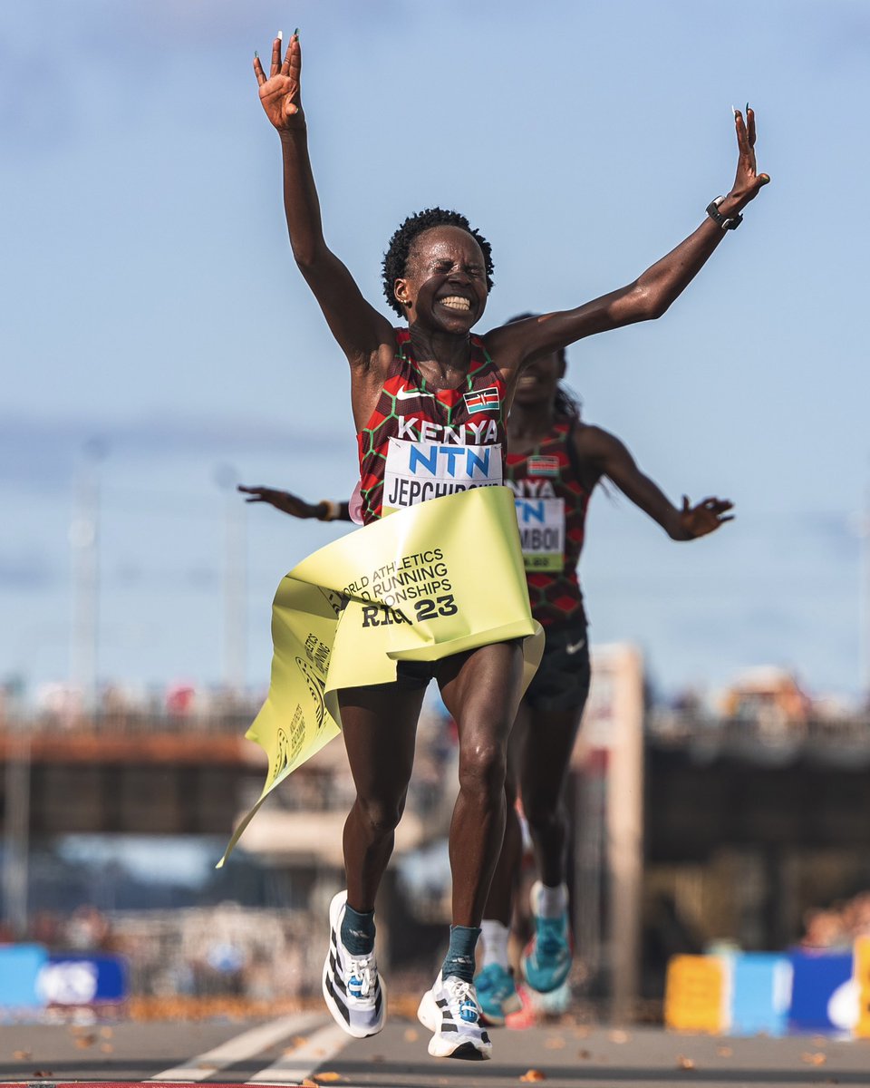 Running ROYALTY. 👑🚀 Peres Jepchichir becomes only the fourth woman in history to win three half marathon world titles. There’s just no stopping her. 🔥 👟 #Adizero Adios Pro Evo 1 ⏱️1:07:25 #ImpossibleIsNothing