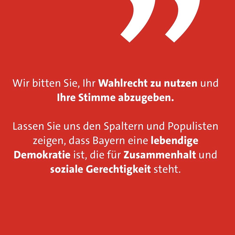 BayernSPD's tweet photo. Unsere Oberbürgermeisterinnen und Oberbürgermeister wie Dieter Reiter aus München, Gertrud Maltz-Schwarzfischer aus Regensburg und @OBFuerth aus Fürth rufen in einem offenen Brief dazu auf, am 8. Oktober wählen zu gehen.

"Bayern ist ein großartiges Bundesland, geprägt von Vielfalt, Innovation und einer starken Gemeinschaft. Wenn Sie Politik für ein bezahlbares Bayern wollen, dann sollten Sie mit allen Stimmen SPD wählen!"

Übrigens: Unsere Oberbürgermeisterinnen und Oberbürgermeister, Bürgermeisterinnen und Bürgermeister regieren in Städten und Gemeinden mit zusammen fast vier Millionen Menschen in Bayern – das ist rund ein Drittel der Bevölkerung!

#sozialepolitikfürdich