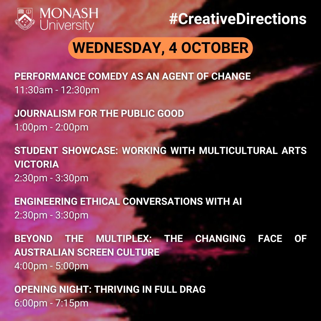mfjmonash's tweet photo. #creativedirections is this week! 🎉🎉
Here is a list of all the events taking place on Day 01: Wednesday, 4 October.
Make sure to register for free: https://t.co/JYntB3BbTL https://t.co/7FtAV4ZQE3