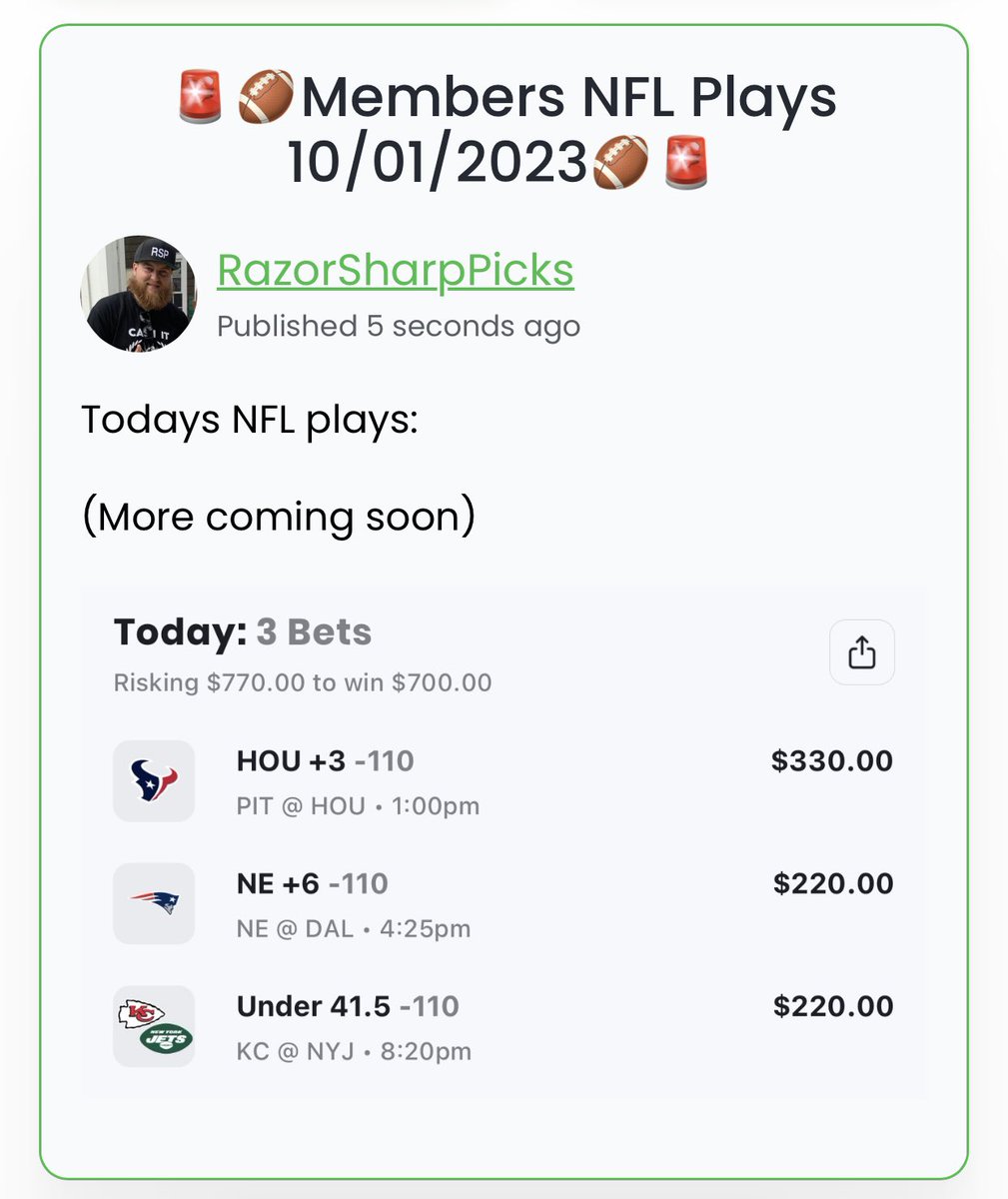 RazorSharpPicks's tweet photo. 🚨FREE NFL DAY🚨
🏈10/01/2023🏈
#RazorToTheBank🏦
#CashIt💰
#TapInOrGetTappedOut
#NFLPicks
#sportsbettingpicks
#NFLTwitter
#SundayFunday
#DoDamage
#SHOUTOUTtoEVERYONE
https://t.co/jr6rcwY9HW https://t.co/w3OjSxQ9dY