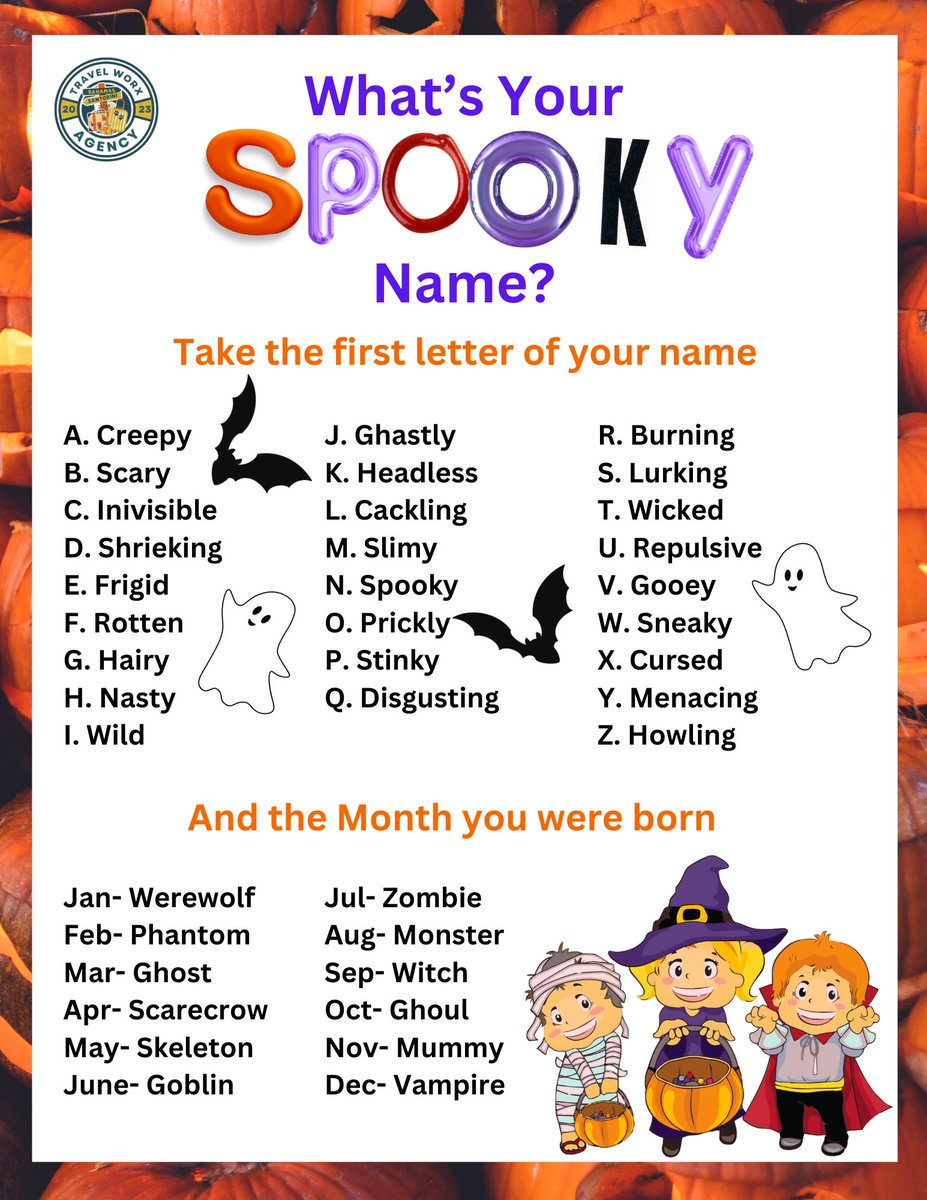 Game Time! Let's welcome Spooky Season by figuring out what our Spooky Name is! Mary(Nov) Hi, my name is Slimy Mummy, nice to meet you! TravelWorX(Feb) Hi my name is Wicked Phantom, nice to meet you!