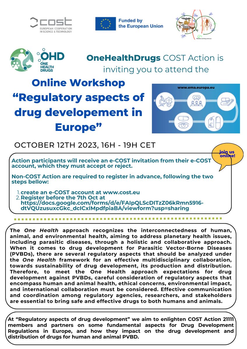 OneHealthdrugs COST Action - CA21111 (@1healthdrugs_ca) on Twitter photo Interested in the regulatory aspects of drug development in Europe? Join the <a href="/1Healthdrugs_ca/">OneHealthdrugs COST Action - CA21111</a> webinar open to scientists from the Action and also outside our COST. Mark your calendar for October 12th, 4-7pm CET and register (free of charge) by Oct. 7th
#onehealthdrugs Interested in the regulatory aspects of drug development in Europe? Join the <a href="/1Healthdrugs_ca/">OneHealthdrugs COST Action - CA21111</a> webinar open to scientists from the Action and also outside our COST. Mark your calendar for October 12th, 4-7pm CET and register (free of charge) by Oct. 7th
#onehealthdrugs