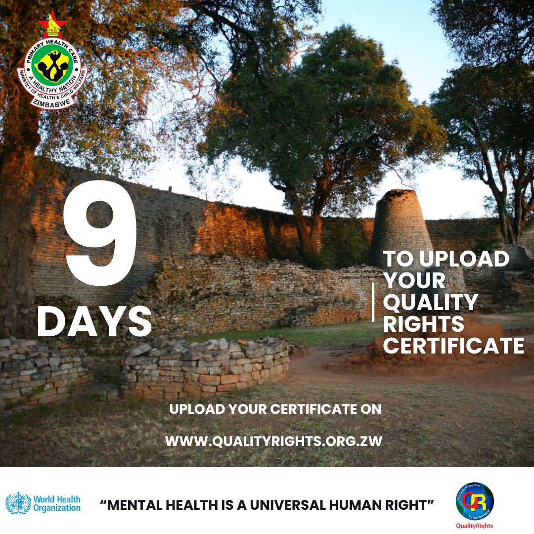 9 days to go to achieve our target of 2000 Quality Rights Certificates driven by CSOs working in #Zimbabwe visit qualityrights.org.zw to start your training or upload your certificates <a href="/MichelleFunk3/">Michelle Funk</a> <a href="/DebraMachando/">Debra Machando</a> <a href="/MoHCCZim/">Ministry of HealthZW</a> <a href="/WHO_Zimbabwe/">WHO Zimbabwe</a> <a href="/FloBaing/">Florence Baingana</a> <a href="/Pamumvurizwe/">Pamumvuri</a> <a href="/OPHID_Trust/">OPHID</a>