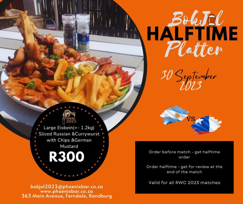Phoenixbar2's tweet image. Hi #Randburg
4 Starters - come support Portugal 
Main Course - Go Bokke!!
363 Main Avenue, Ferndale
#rwc2023 
#restaurantspecial