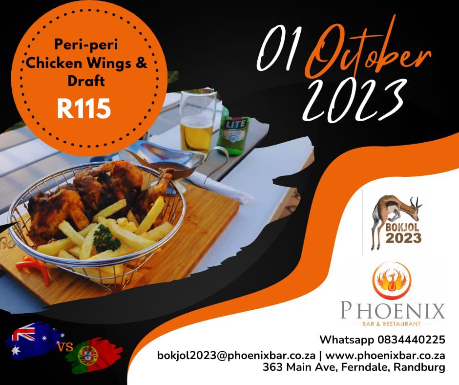 Phoenixbar2's tweet image. Hi #Randburg
4 Starters - come support Portugal 
Main Course - Go Bokke!!
363 Main Avenue, Ferndale
#rwc2023 
#restaurantspecial