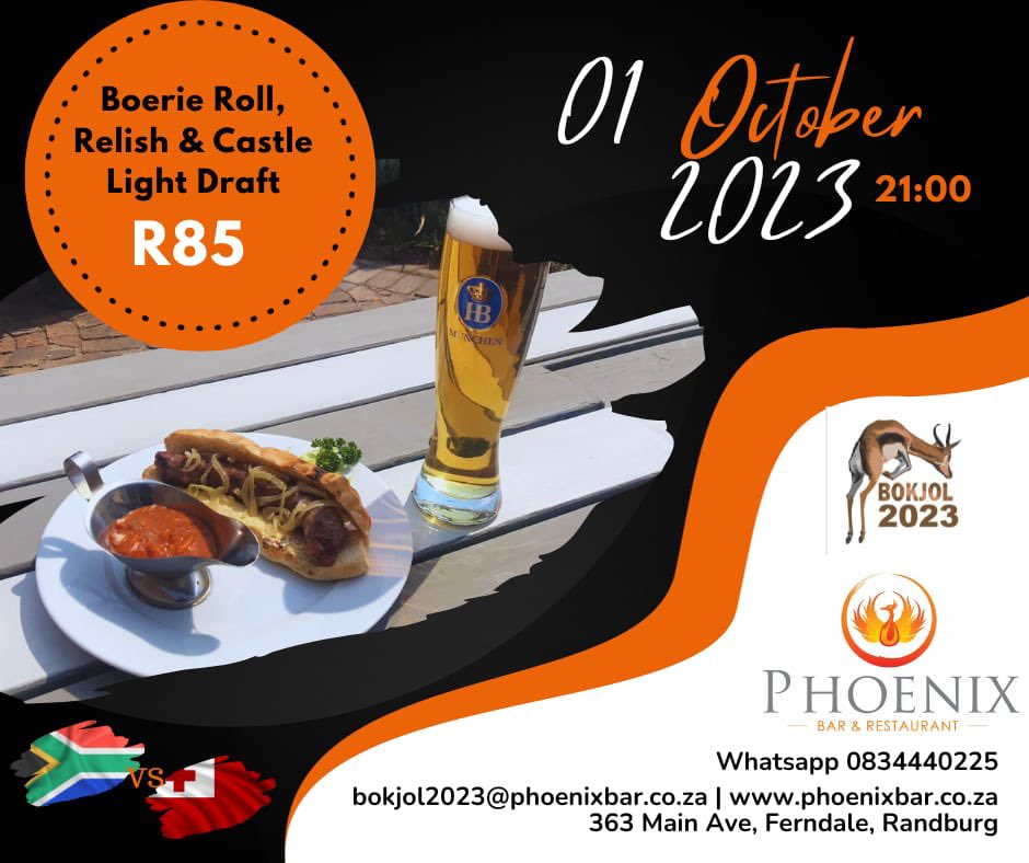 Phoenixbar2's tweet image. Hi #Randburg
4 Starters - come support Portugal 
Main Course - Go Bokke!!
363 Main Avenue, Ferndale
#rwc2023 
#restaurantspecial
