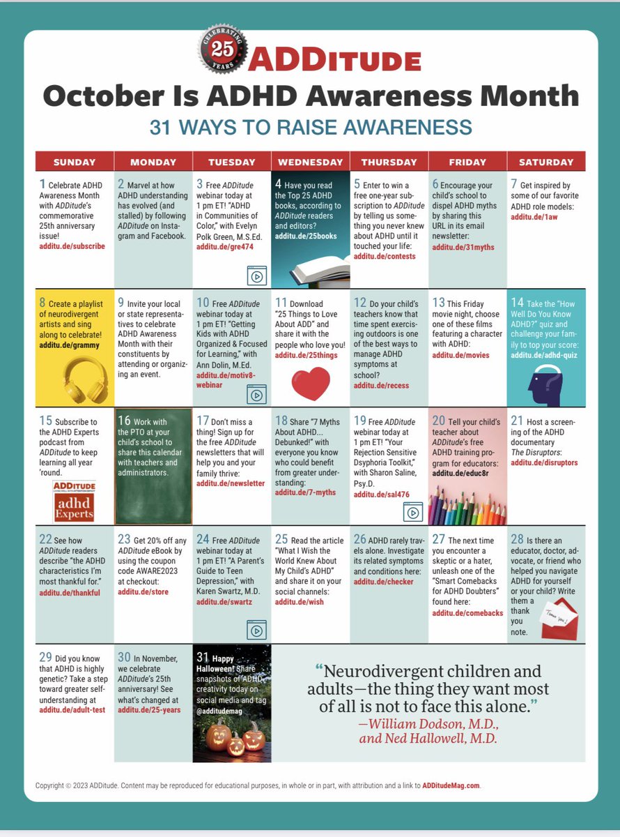 WhiltonSarah's tweet photo. Some great suggestions on here to raise awareness of the real difficulties and celebrate the creativity and superpowers #ADHDawareness https://t.co/RVQcglmoPg