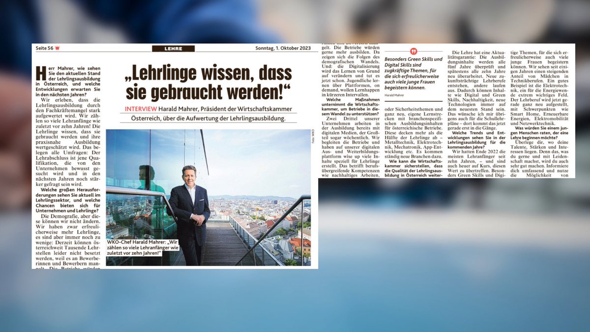 Wirtschaftskammer Österreich (@wkoe) on Twitter photo „Unserer Jugend wird oft unterstellt, sie sei leistungsunwillig. Das ärgert mich extrem, weil es grundfalsch ist! Viele sind sehr motiviert, strengen sich an & legen sich für die Betriebe ins Zeug", betont WKÖ-Präsident Harald Mahrer im Gespräch mit <a href="/krone_at/">Kronen Zeitung</a> „Unserer Jugend wird oft unterstellt, sie sei leistungsunwillig. Das ärgert mich extrem, weil es grundfalsch ist! Viele sind sehr motiviert, strengen sich an & legen sich für die Betriebe ins Zeug", betont WKÖ-Präsident Harald Mahrer im Gespräch mit <a href="/krone_at/">Kronen Zeitung</a>