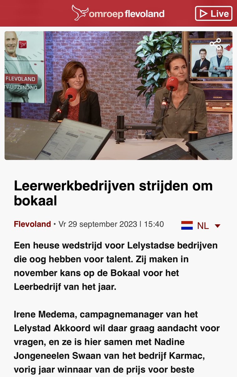 Draag een talent of bedrijf voor!

Luister naar het interview met <a href="/NadineSwaan/">Nadine Swaan</a> directeur van <a href="/karmacgroep/">Karmac I&I</a> en <a href="/IreneMedema/">Irene Medema</a> campagnemanager Lelystad Akkoord. Karmac is Leerwerkbedrijf van het jaar 2022. 

Luister terug: 
omroepflevoland.nl/gemist/radio/3…

#lelystad #talent #ondernemers #werk