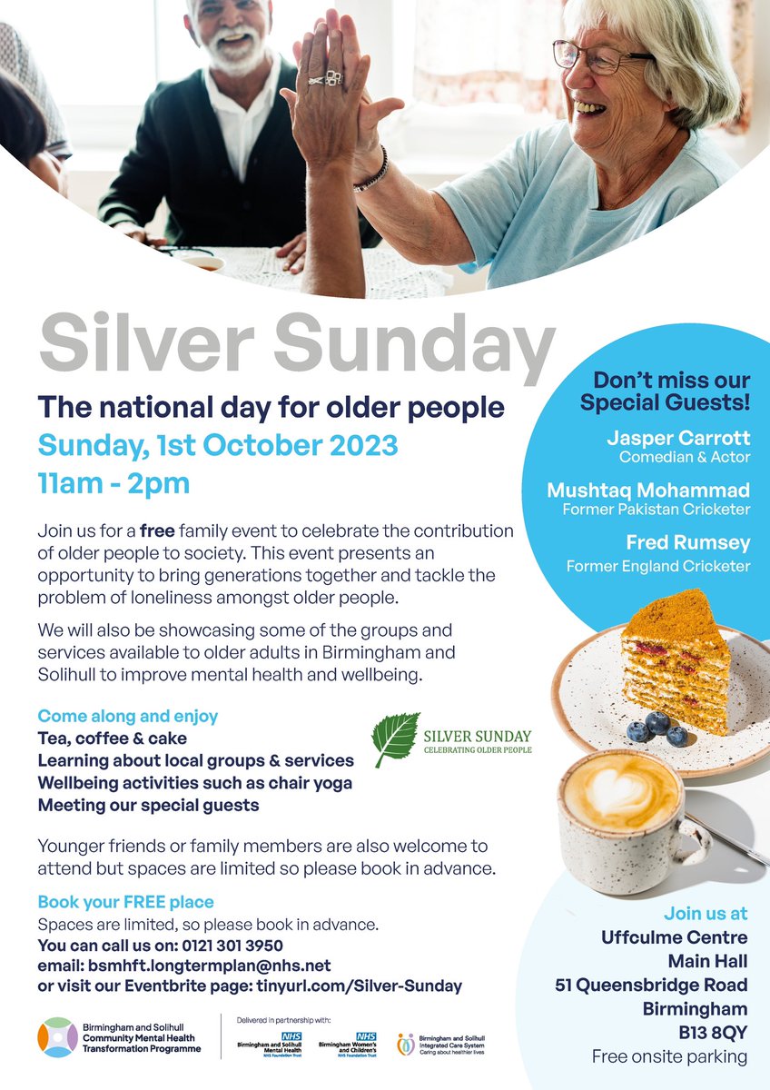 <a href="/SilverSundayUK/">Silver Sunday</a> <a href="/bsmhft/">BSMHFT NHS Mental Health</a> <a href="/brummyOT/">Claire Terrington</a> 
We are celebrating <a href="/SilverSundayUK/">Silver Sunday</a> at the uffculme centre. 
Come down for coffee/tea and cake and explore the wonderful services across Bham and solihull for our older adult community.