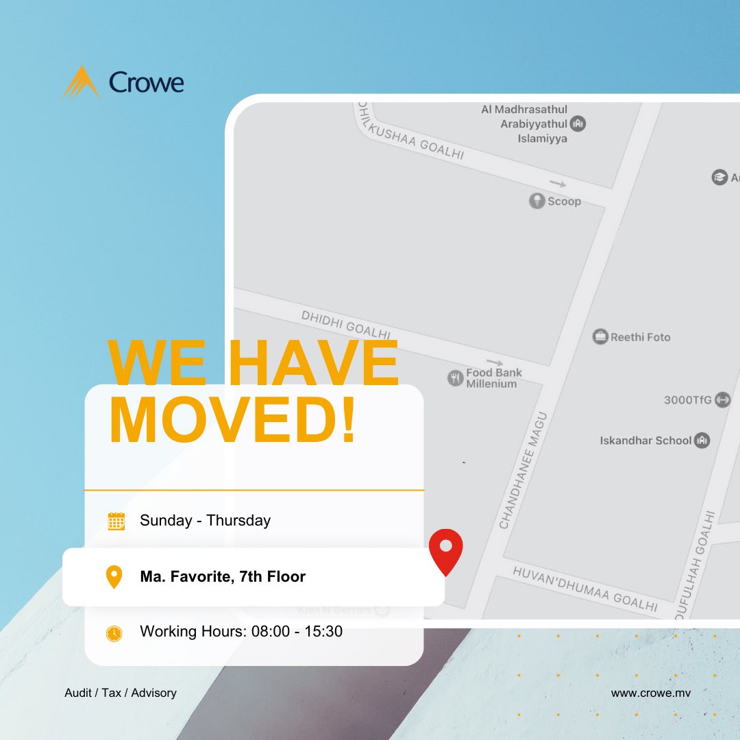 Big news! We've packed up our memories and are now settling into our new office space. Stay tuned for a sneak peek! 

We've relocated to Ma. Favorite, 7th Floor (Euro Store Building), Chaandhanee Magu, Male’.

#crowemv #smartdecisionslastingvalues #newoffice