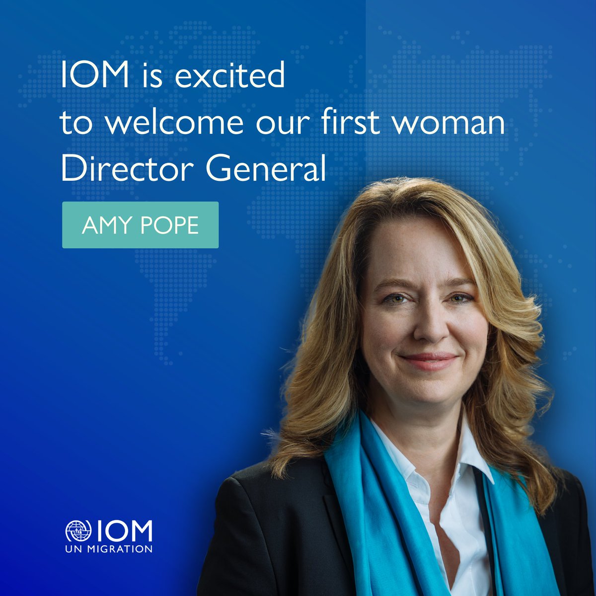 IOMGhana's tweet photo. Today is a historic day for IOM as we welcome our first woman Director General, Amy E. Pope.

Under her leadership and vision, we look forward to continuing to create a safe and more inclusive world for migrants and displaced people.

#LeaveNoOneBehind #WomenLead https://t.co/usmHj957a1