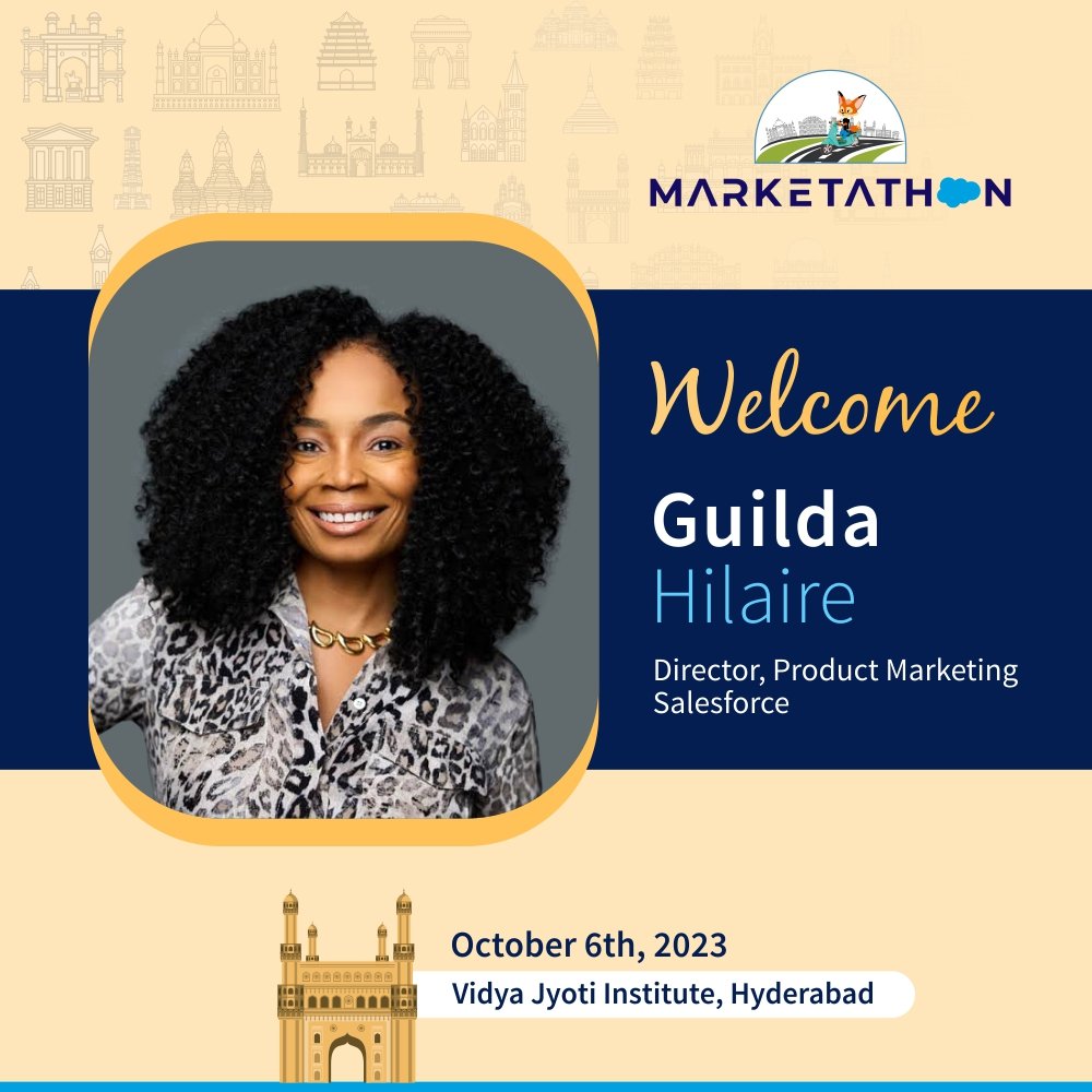 Kuldeep Sharma (@kdsharmas) on Twitter photo We are beyond excited and honored to announce that <a href="/justguilda/">Guilda Hilaire</a> (Director, Product Marketing at Salesforce) will be joining the Marketathon program on October 6th, 2023 at Vidya Jyoti Institute, Hyderabad.
Students and Marketers will be energized with her presence. It will be an We are beyond excited and honored to announce that <a href="/justguilda/">Guilda Hilaire</a> (Director, Product Marketing at Salesforce) will be joining the Marketathon program on October 6th, 2023 at Vidya Jyoti Institute, Hyderabad.
Students and Marketers will be energized with her presence. It will be an