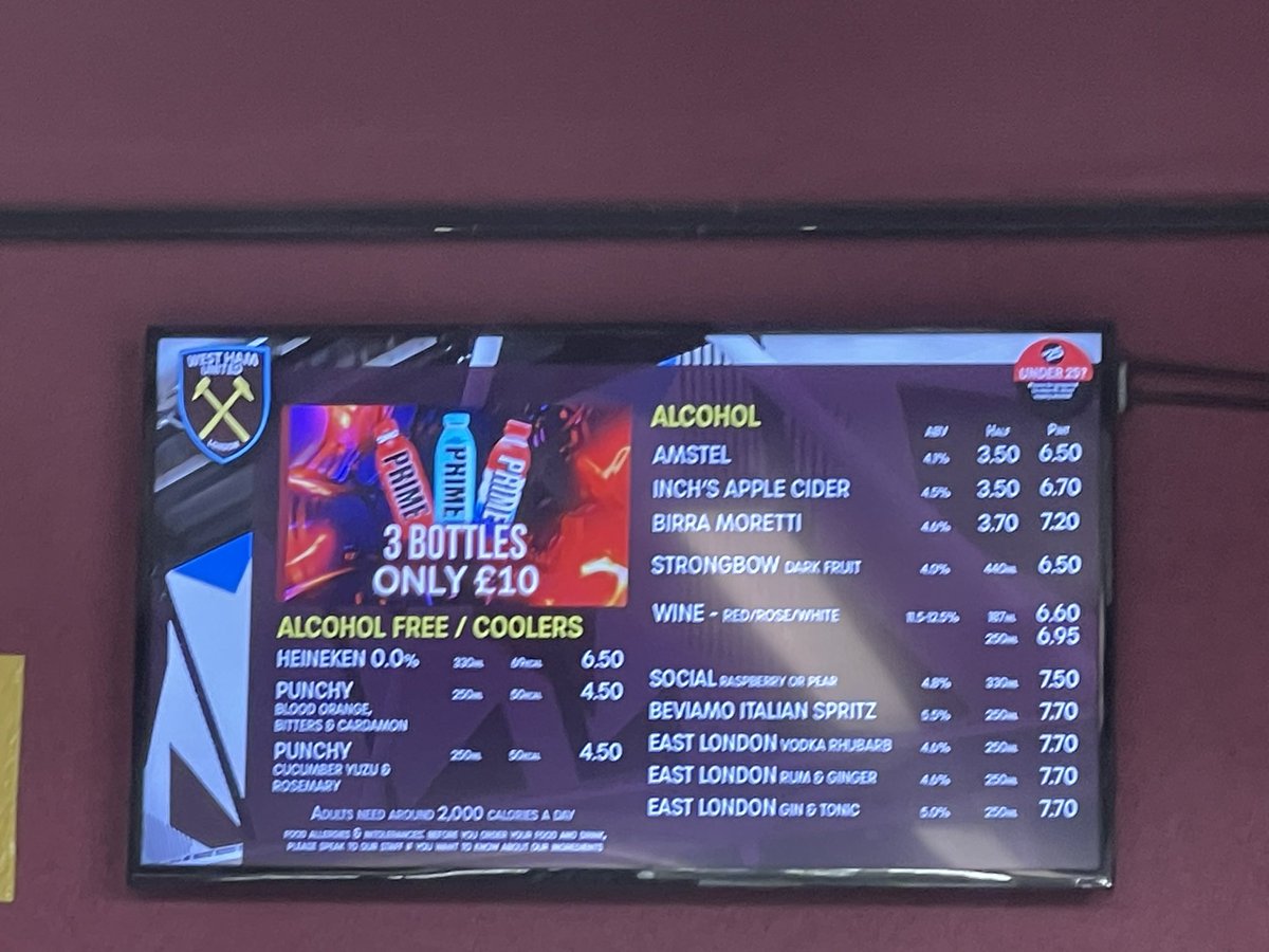 westhamfootball's tweet photo. Yesterday at West Ham, the London Stadium were charging £6.50 per pint of Amstel larger while at Spurs stadium on the same day the same pint is £5.19 same price as last season! So much for London comparable club clause which is openly breached year after year by Delaware North, London Stadium 185 & LLDC